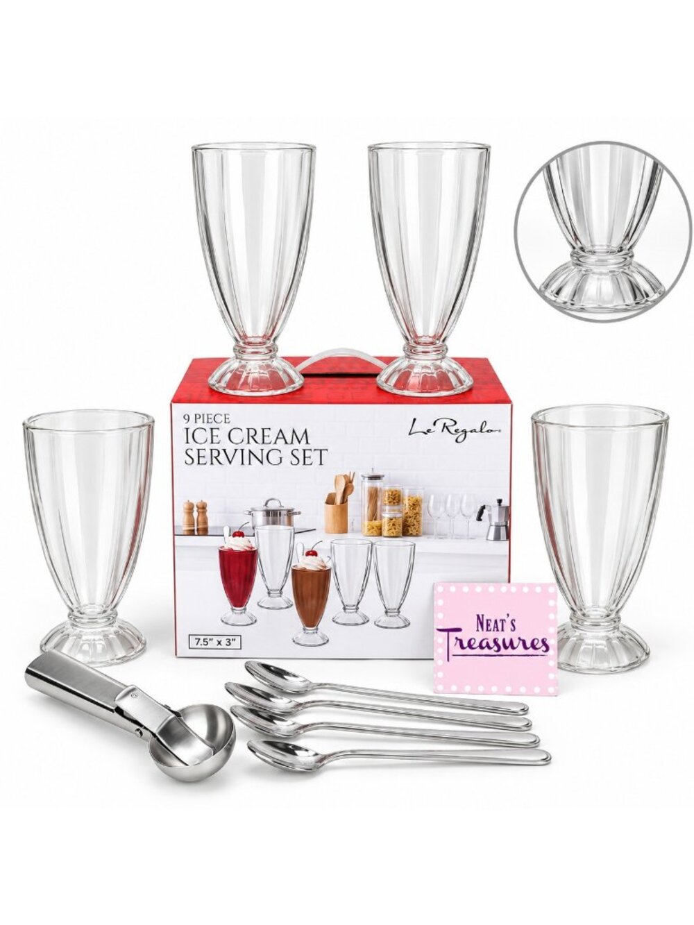 Le Regalo 9 Pieces Ice Cream 4 Glasses And Spoon Plus 1 Scoop Serving Set NEW